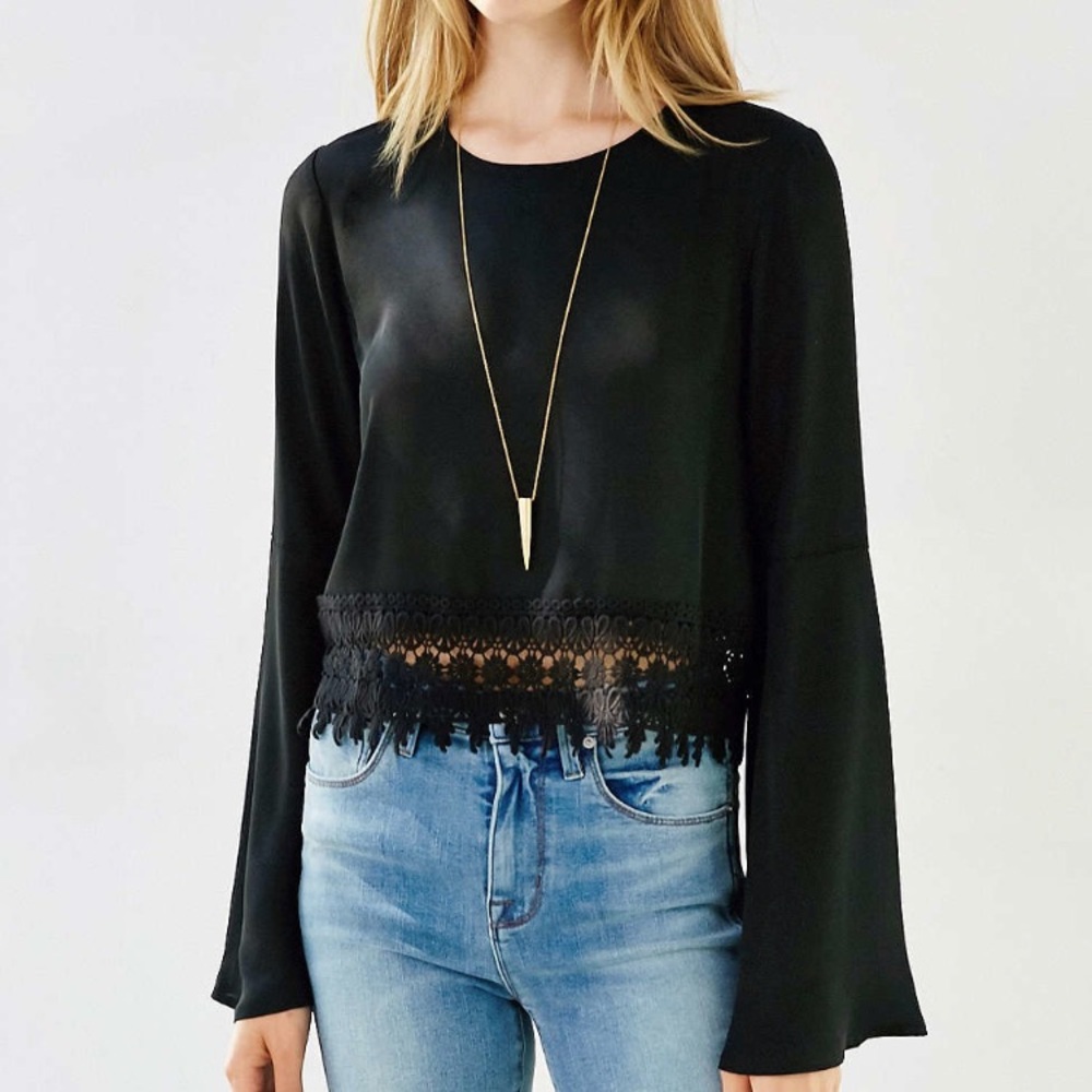 Urban Outfitters Black Crochet-Hem Long Sleeve Blouse